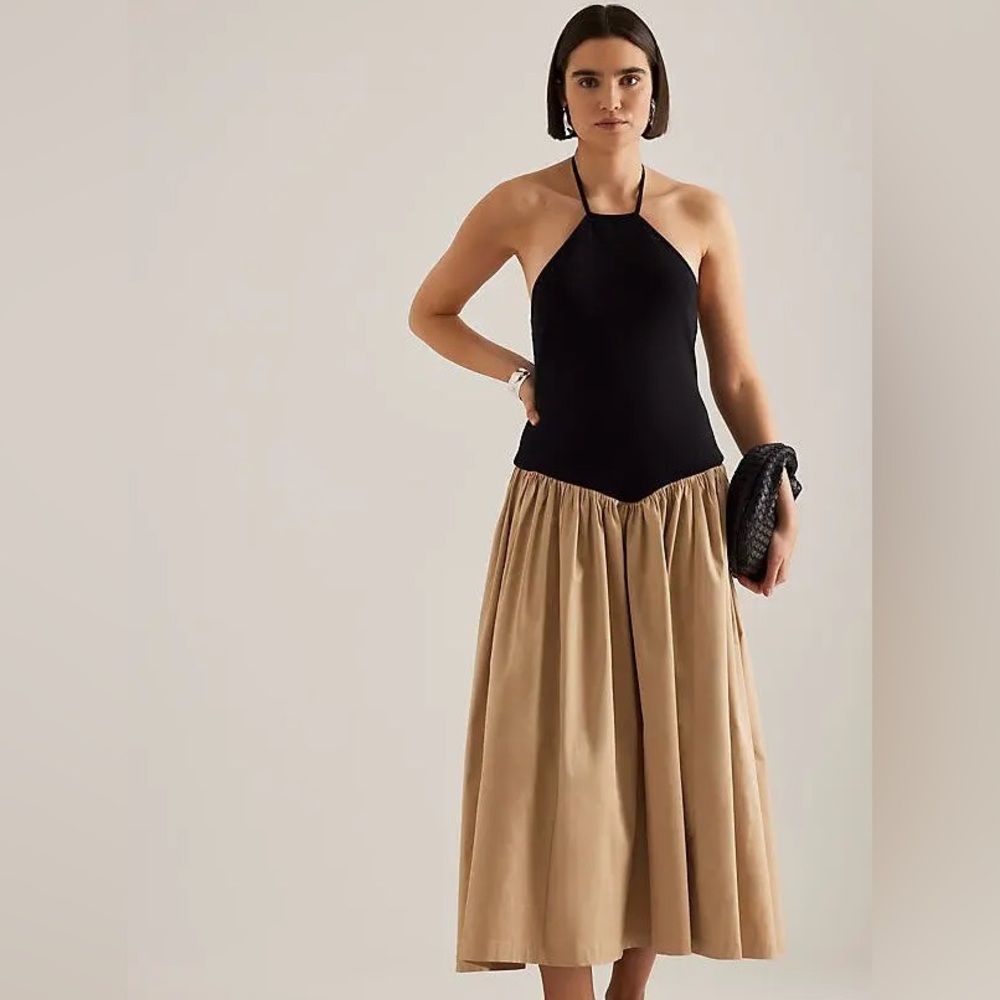 Anthropologie Maeve Halter Basque Drop Waist Midi Dress XL Pockets Quiet Luxury - Picture 2 of 2